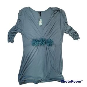 Maurices Beautiful V-Neck Blouse with Floral Detail Ruched Sleeves Medium NWT